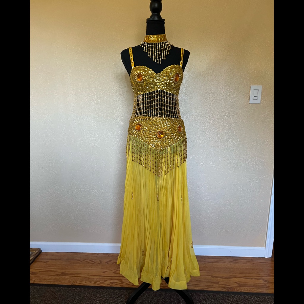 Vtg Show Girl Beaded Halloween Belly Dancer Harem Girl Gold Yellow Costume